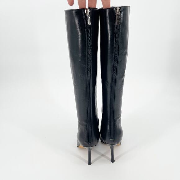 Jimmy Choo Peony Black Leather Pointed Square Toe Knee High Heeled Boot IT 39 - Picture 7 of 12